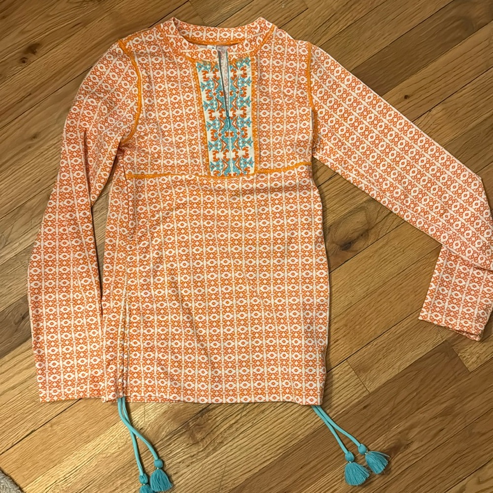 Cabana life girls embroidered orange teal rash guard swim shirt size 12